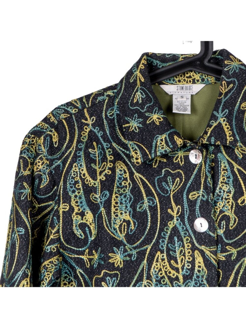Art to Wear Boho Embroidered Jacket S Wool Blue Green Yellow Paisley Swirl Leaf - Picture 2 of 7